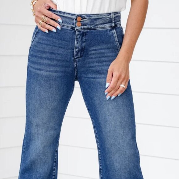 Risen High Rise Dark Wash Tummy Control Cropped Wide Leg Jeans 30/11 - Picture 1 of 2